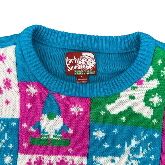 Dec 25th Party Sweater Neon Blue Pink Ugly Christmas Sweater Party Large Vintage - Picture 2 of 5
